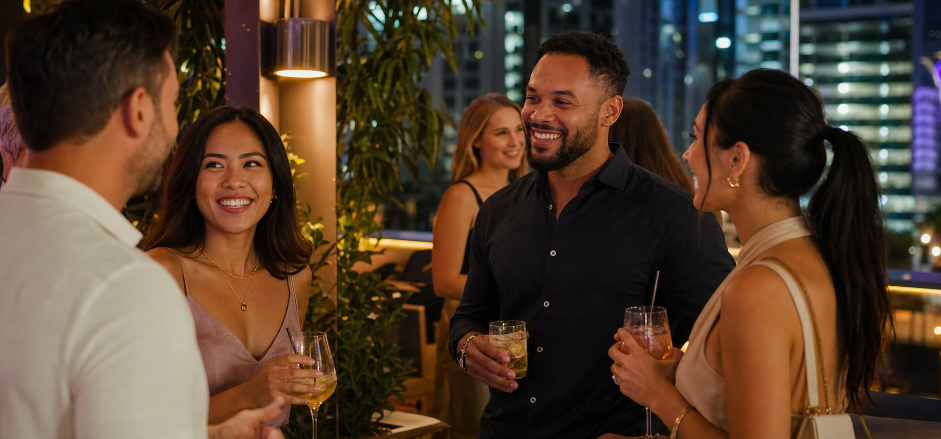 People smiling and talking at a social happy hour